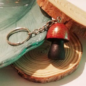 Wooden mushroom keychain